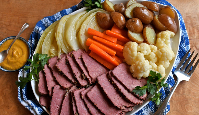 Corned Beef with Buttered Vegetables and Hot Mustard