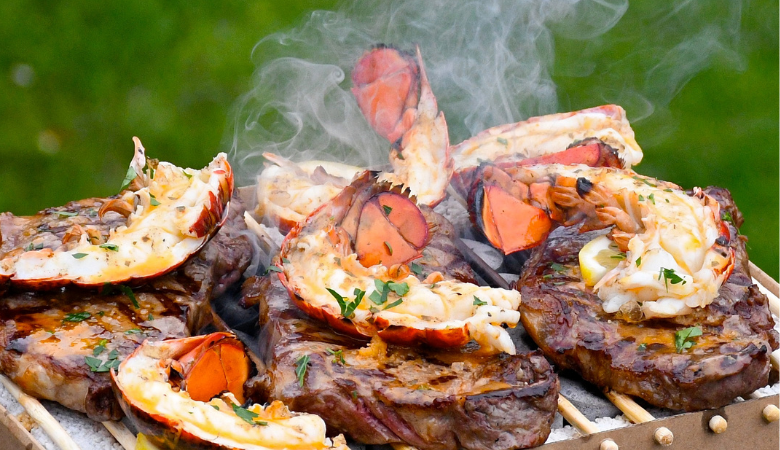 Garlic Butter-basted Grilled Steak and Lobster