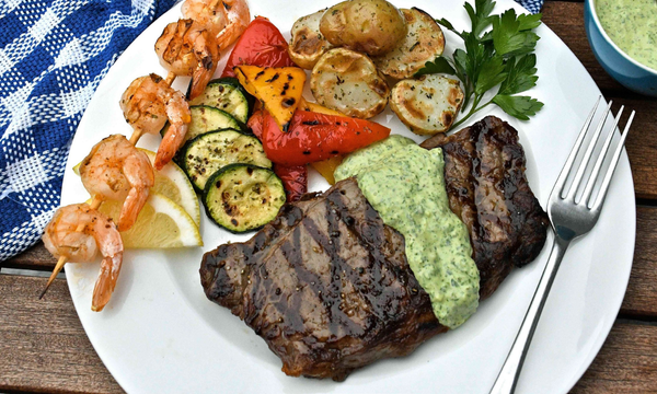 Summer Dinner Steaks and Prawns with Chimichurri Mayo