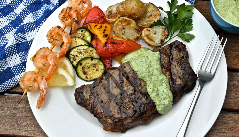 Summer Dinner Steaks and Prawns with Chimichurri Mayo