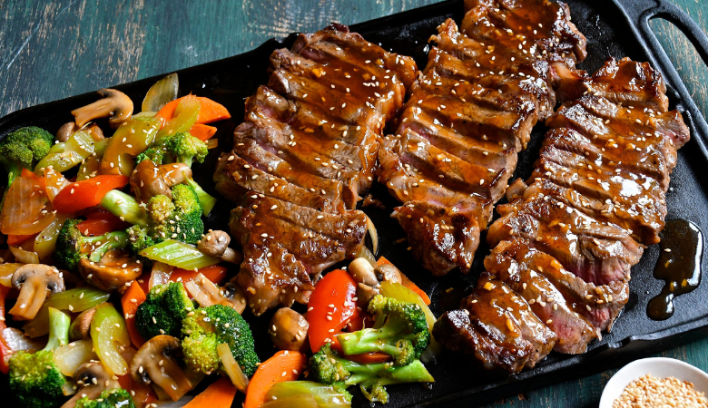 Teppanyaki-style Strip Loin Steaks and Vegetables