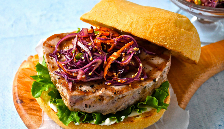 Ahi Tuna Burgers with Wasabi Sesame Slaw