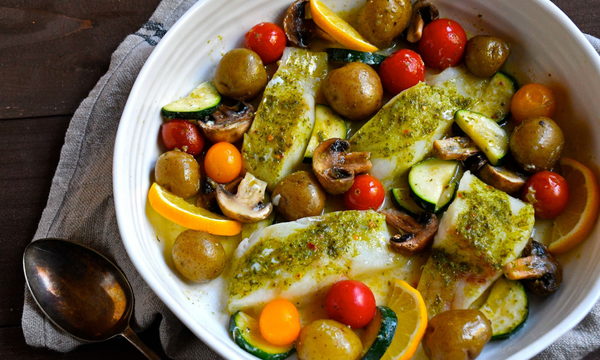 Cod and Vegetable Casserole with Pesto and Orange