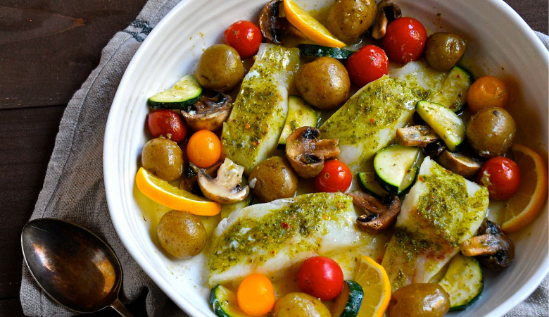 Cod and Vegetable Casserole with Pesto and Orange