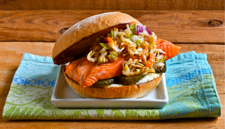 Grilled Salmon Burgers with Ginger Sesame Slaw