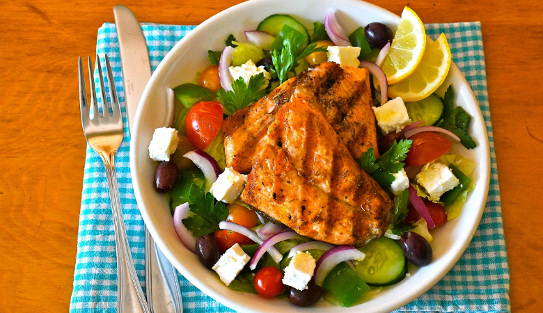 Grilled Salmon Greek Salad Bowls