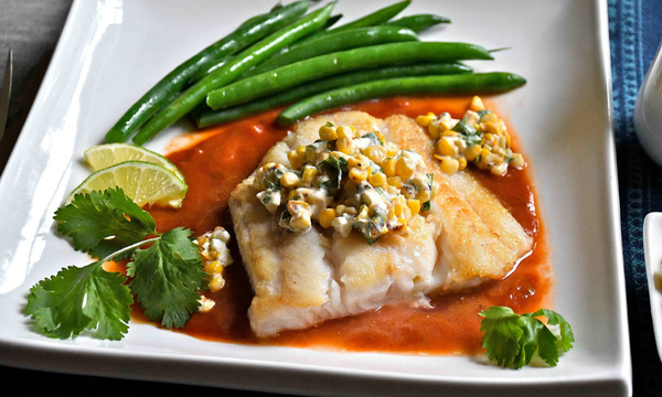 Ling Cod with Chipotle Chili Sauce and Street Corn Salsa