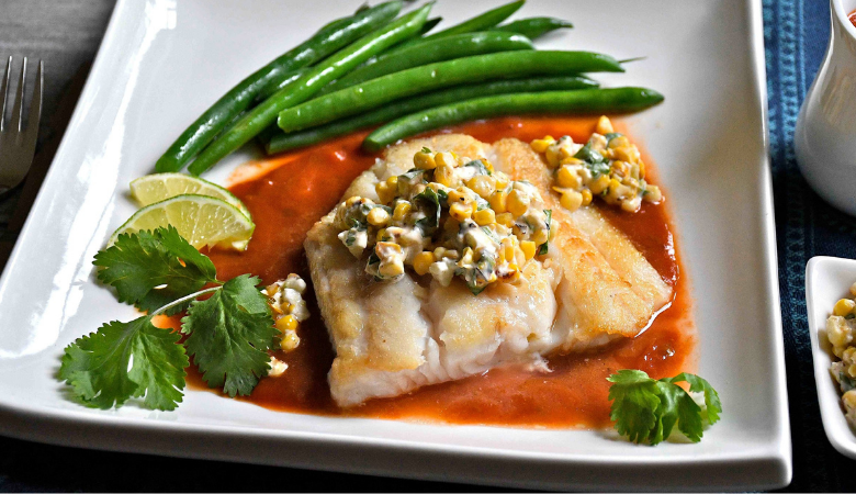 Ling Cod with Chipotle Chili Sauce and Street Corn Salsa