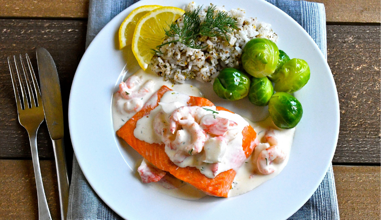 Roasted Salmon with Creamy “Crab” and Shrimp 