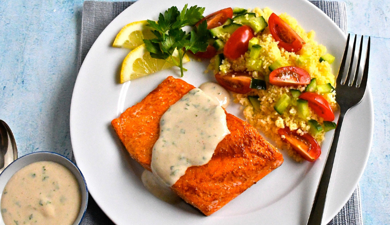 Roasted Steelhead with Tahini Lemon Sauce