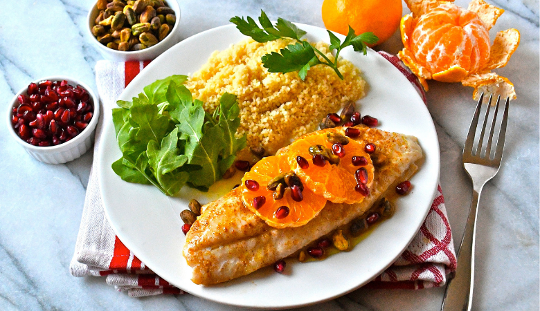 Rockfish with Orange, Pomegranate and Pistachios