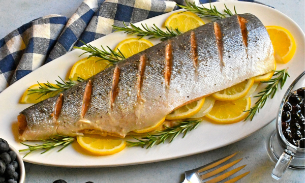 Roasted Whole Salmon with Sweet and Sour Blueberry Sauce