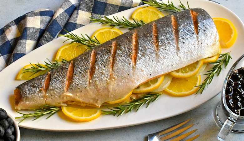 Roasted Whole Salmon with Sweet and Sour Blueberry Sauce