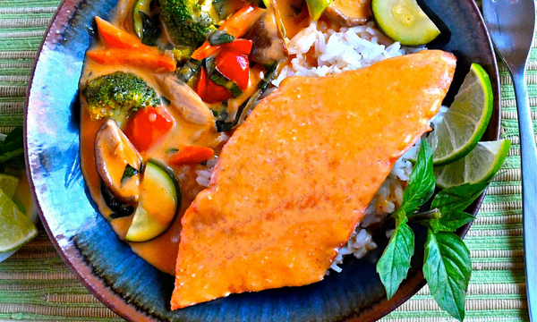 Salmon Rice Bowls with Thai Curry Vegetables