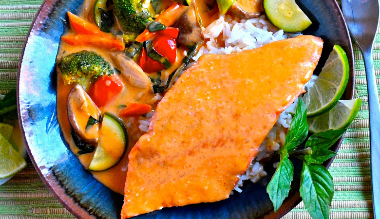 Salmon Rice Bowls with Thai Curry Vegetables