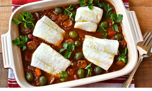 Spanish-style Cod with Chorizo and Olives 