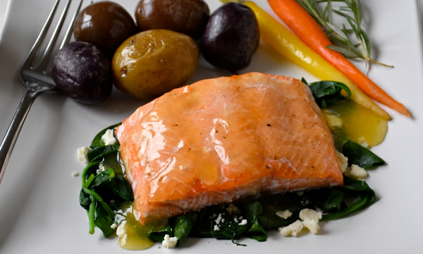 Steelhead with Spinach, Feta and Lemon Honey Sauce