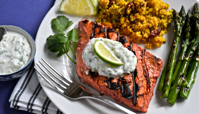 Tandoori Grilled Salmon with Cucumber Raita 