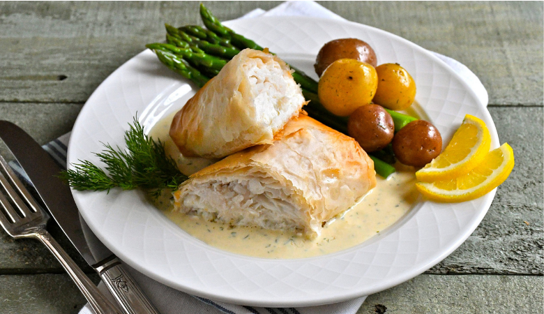 Phyllo-Wrapped Halibut with Lemon Dill Sauce