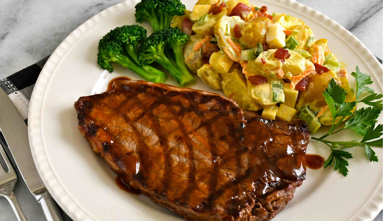 BBQ Sirloin Steaks with Bacon Cheddar Potato Salad 