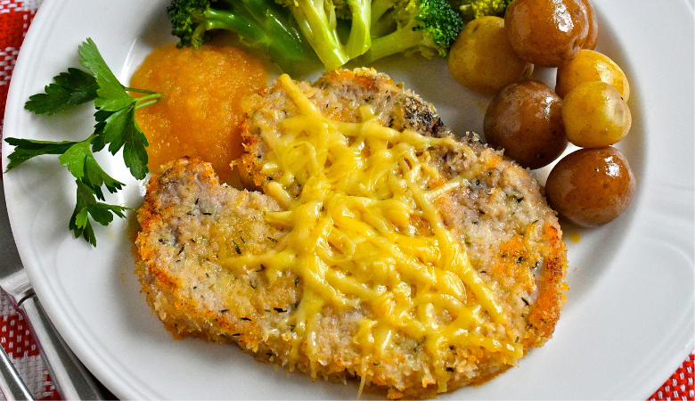 Baked Crusted Pork Chops with Gouda and Apple Sauce