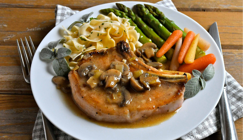 Tender Baked Pork Chops in Mushroom Leek Sauce