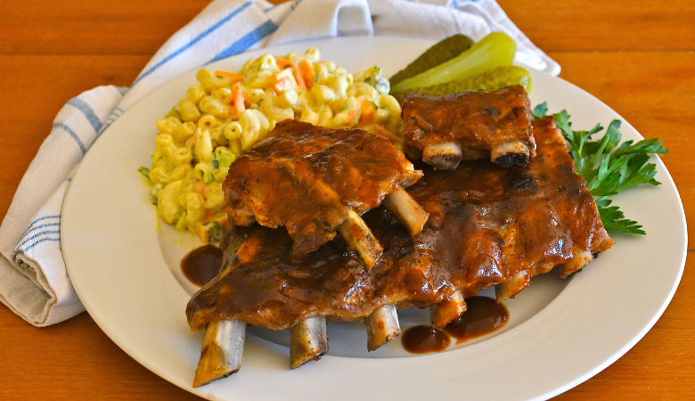 BBQ Pork Back Ribs with Mac and Cheese Salad