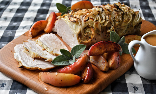 Roast Pork Loin with Mustard, Onions and Spiced Apples