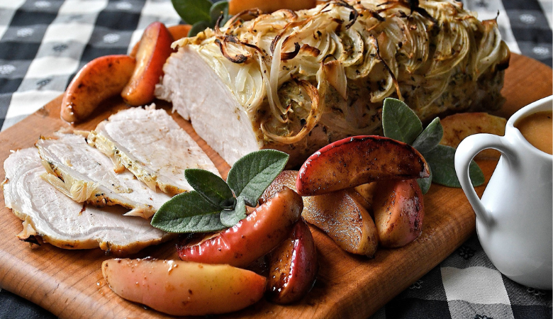 Roast Pork Loin with Mustard, Onions and Spiced Apples