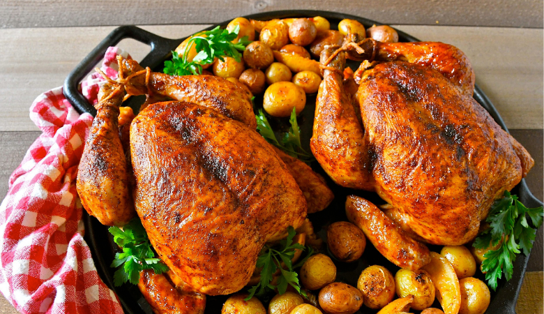 BBQ-style Roast Chickens with Lemony Potatoes