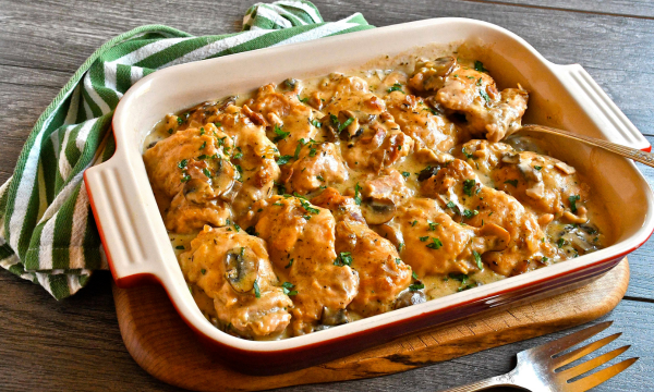 Chicken Casserole with Mushrooms, Cream and Smoky Ham