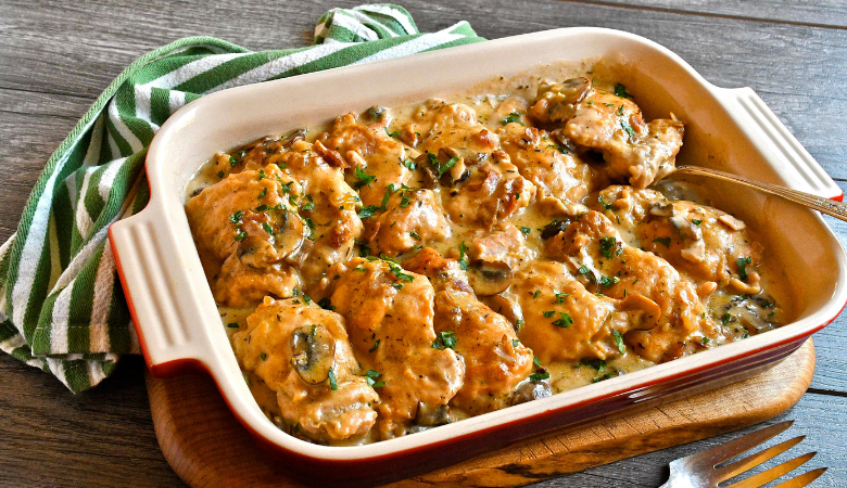 Chicken Casserole with Mushrooms, Cream and Smoky Ham