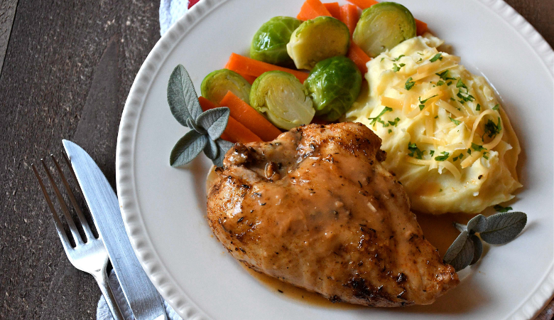 Roast Chicken Breast Dinner with Gouda Mashed Potatoes 