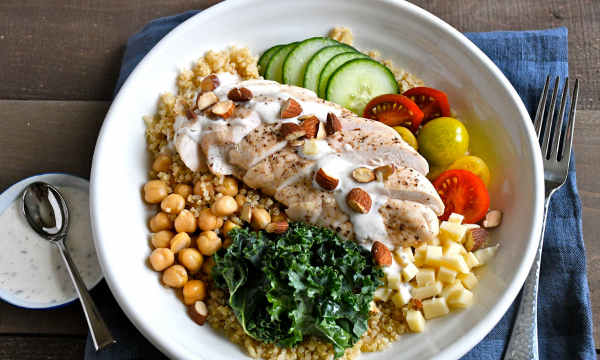 Roasted Chicken Breast Bowls with Quinoa, Chickpeas and Vegetables