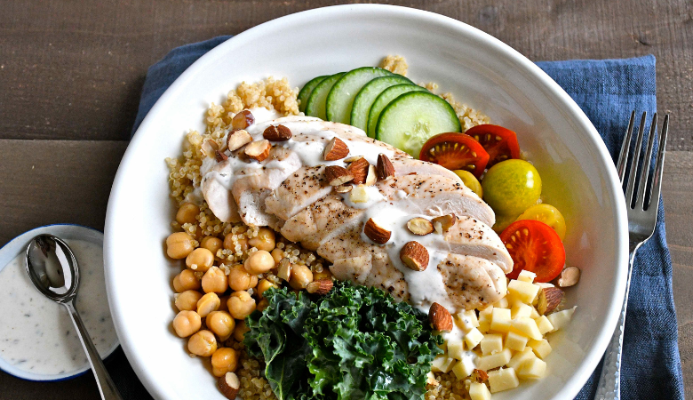 Roasted Chicken Breast Bowls with Quinoa, Chickpeas and Vegetables