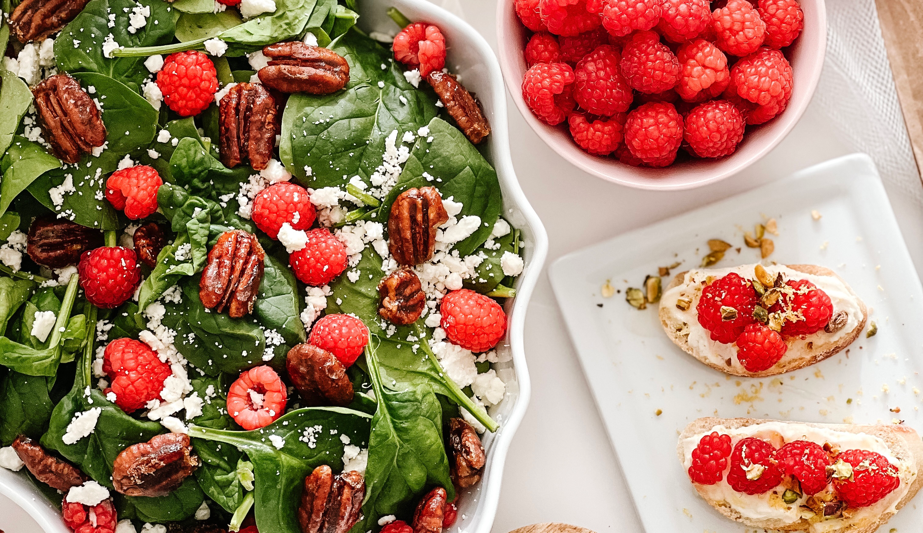 Raspberry Mascarpone Crostini and Spring Spinach Salad