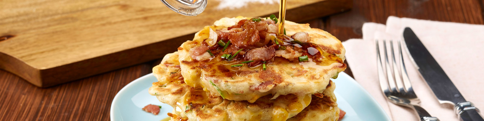 Bacon and Corn Griddle Cakes with Maple Syrup