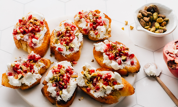 Goat Cheese, Pomegranate and Pistachio Crostini