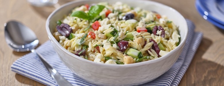 Mediterranean Orzo Salad with Creamy Garlic Oregano Dressing.