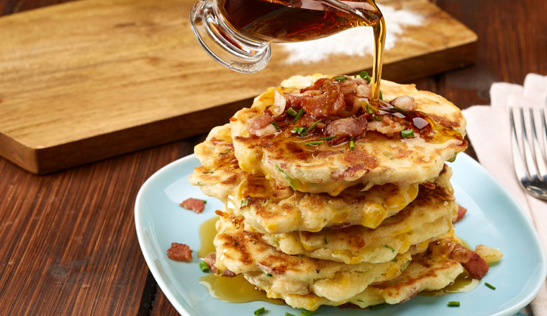 Bacon and Corn Griddle Cakes with Maple Syrup