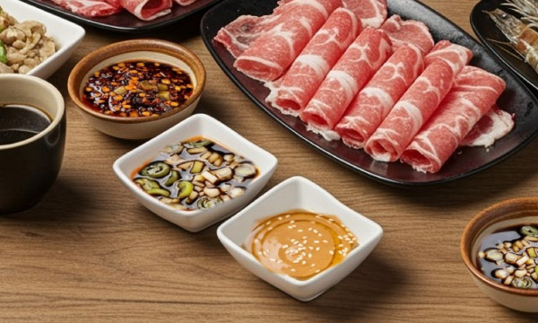 3 sauce plates with hotpot dipping sauces
