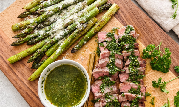 Grilled Balsamic Asparagus and Steak Topped with Chimichurri Sauce
