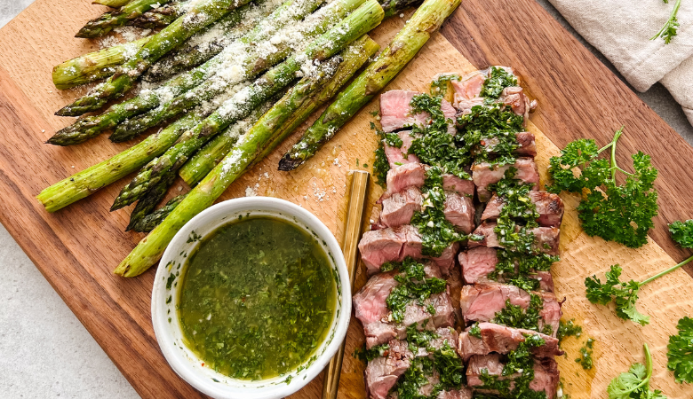 Grilled Balsamic Asparagus and Steak Topped with Chimichurri Sauce