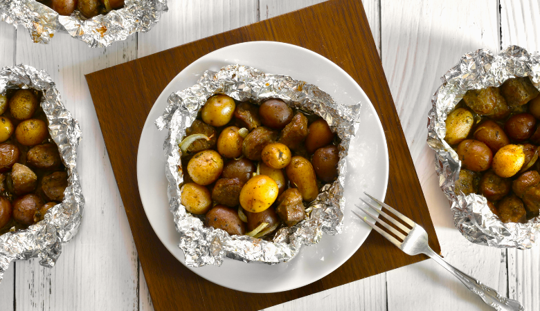 Garlic & Herb Potatoes with Sausage Foil Packets recipe