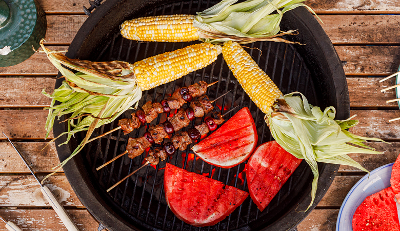 Steak Kebabs with Cherry BBQ Sauce & Grilled Watermelon Salad