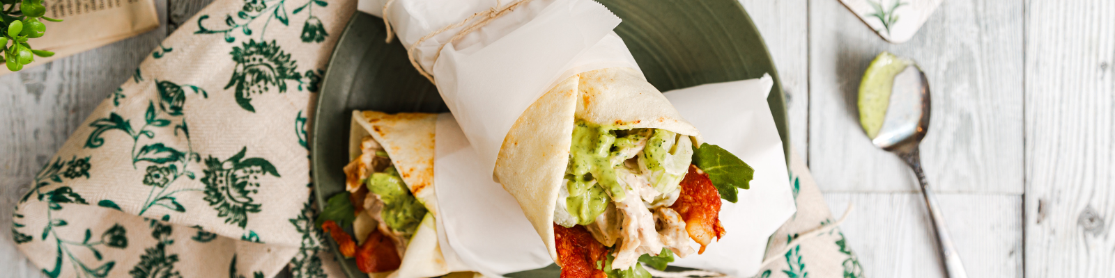 Chicken Salad Pita Wrap with Crunchy Bacon & Avocado Cilantro Dressing 
