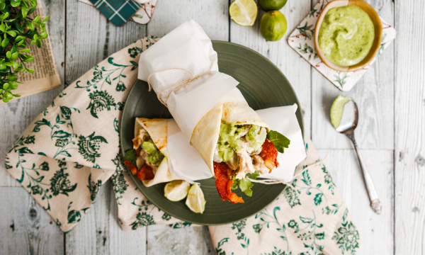 Chicken Salad Pita wrap with crunchy bacon and avocado cilantro dressing Recipe