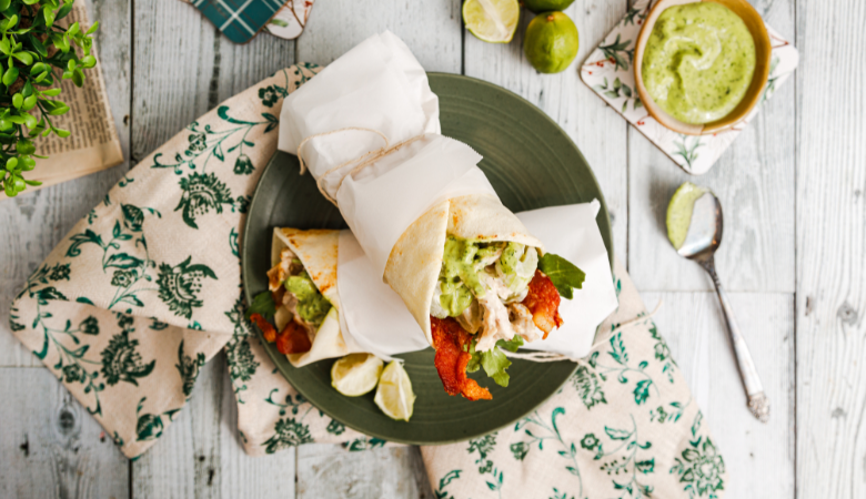 Chicken Salad Pita Wrap with Crunchy Bacon & Avocado Cilantro Dressing 