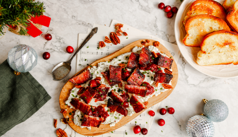 Candied Bacon and Goat Cheese “Butter Board” with Cranberry Chutney 