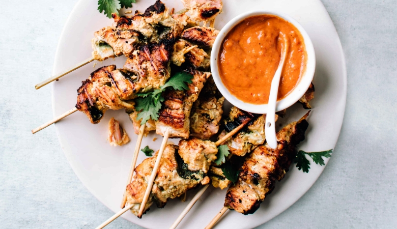 Grilled Coconut Salmon Skewers with Peanut Sauce